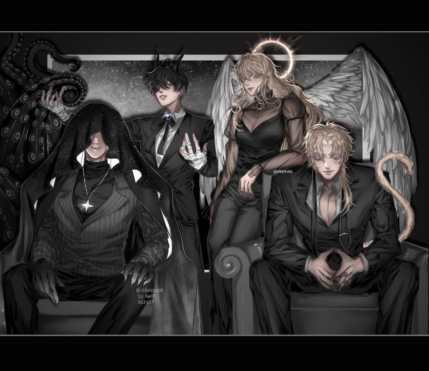 1girl 3boys angel bandaged_hand bandages black_dress black_hair blonde_hair character_request cloak couch covered_face dress evie_(baoxiao) formal grin halo highres horns jewelry korean_commentary long_hair looking_at_viewer multiple_boys necklace omniscient_reader's_viewpoint pectoral_cleavage pectorals ponytail purple_eyes secretive_plotter short_hair sitting smile smirk spoilers star_(symbol) star_necklace suit sun_wukong_(omniscient_reader's_viewpoint) tail tentacles unbuttoned unbuttoned_shirt uriel_(omniscient_reader's_viewpoint) white_wings wings yellow_eyes