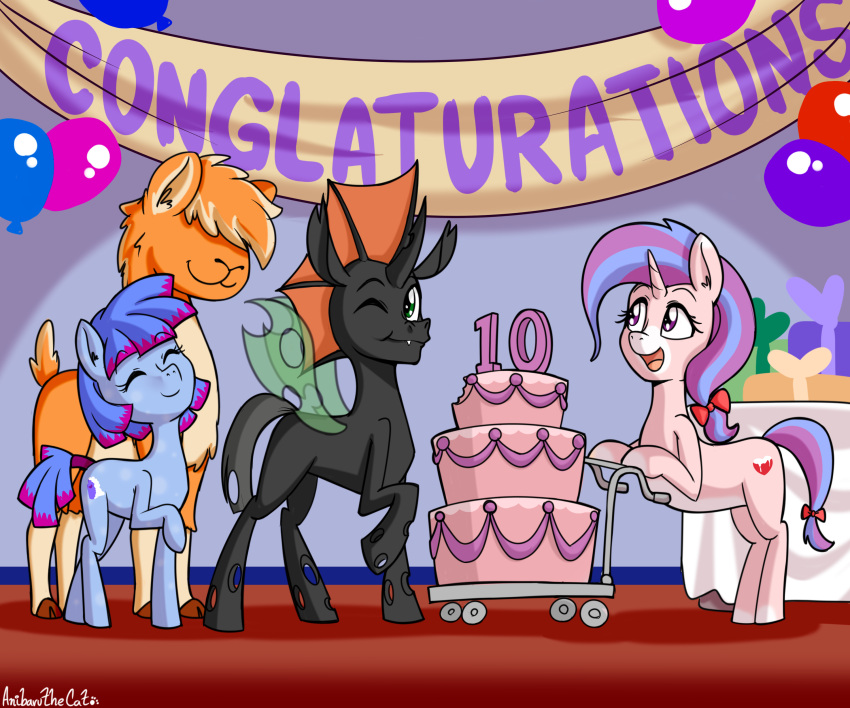 2022 6:5 absurd_res ambiguous_gender anibaruthecat arthropod balloon cake camelid changeling cutie_mark dessert digital_media_(artwork) english_text equid equine eyes_closed female feral food friendship_is_magic green_eyes hasbro hi_res hole_(anatomy) horn inflatable llama mammal my_little_pony one_eye_closed smile text unicorn vesairus young