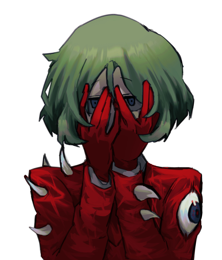 1boy absurdres blue_eyes coco_(556ch0cl8) commentary_request covering_face e.g.o_(project_moon) employee_(lobotomy_corporation) gloves green_hair highres jacket lobotomy_corporation long_sleeves male_focus nothing_there project_moon red_gloves red_jacket shirt short_hair simple_background solo upper_body white_background white_shirt