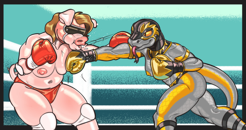 2022 anthro areola bodily_fluids boxing boxing_gloves breast_punch breasts brown_hair clothed clothing covered_eyes curled_tail dcheese digital_media_(artwork) domestic_pig duo elbow_pads eyelashes female fighting_ring forked_tongue grey_body grey_scales hair handwear hi_res knee_pads lucha_libre_mask mammal mask nipples pink_body pink_skin punch reptile saliva scales scalie slightly_chubby snake sport sports_mask sportswear suid suina sus_(pig) thick_thighs thong tongue tongue_out topless underwear wrestling_mask yellow_body yellow_scales yellow_sclera