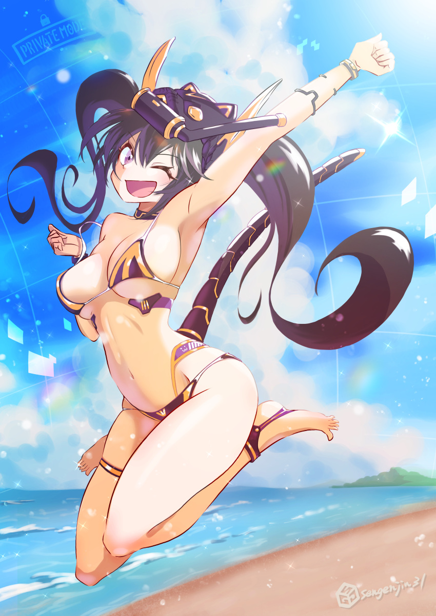 1girl absurdres adapted_costume arm_up armpits beach bikini black_hair breasts cleavage duel_monster full_body highres i:p_masquerena large_breasts looking_at_viewer mechanical_tail midriff navel ocean one_eye_closed outdoors paid_reward_available purple_bikini purple_eyes sengenjin31 snorkel solo swimsuit tail twintails yu-gi-oh!