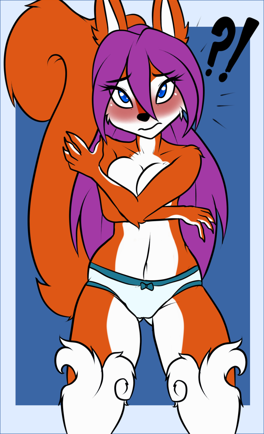 2018 anthro big_tail biped black_nose blue_background blue_eyes blush bow_panties clothed clothing colored_edge_panties covering covering_breasts embarrassed female fur hair hi_res joykill lunora mammal navel orange_body orange_fur panties panties_only purple_hair rodent sciurid simple_background solo standing topless underwear underwear_only white_body white_clothing white_fur white_panties white_underwear