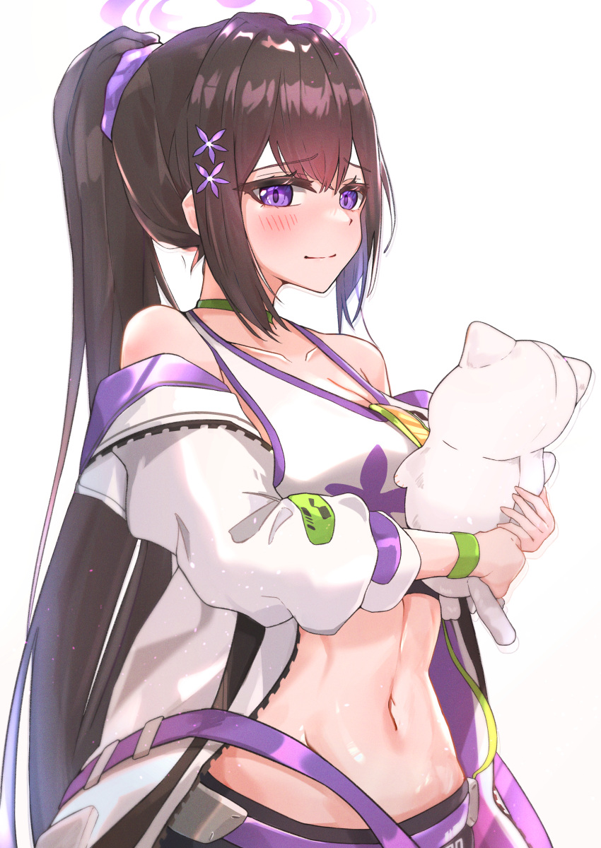 1girl absurdres bangs blue_archive blush breasts brown_hair choker closed_mouth collarbone commentary green_choker hair_ornament hair_scrunchie hairclip halo highres holding holding_toy jacket jacket_pull long_hair long_sleeves looking_at_viewer muteppona_hito navel open_clothes open_jacket ponytail purple_eyes scrunchie sidelocks smile solo sports_bra stomach sumire_(blue_archive) toy upper_body very_long_hair white_background white_jacket white_sports_bra