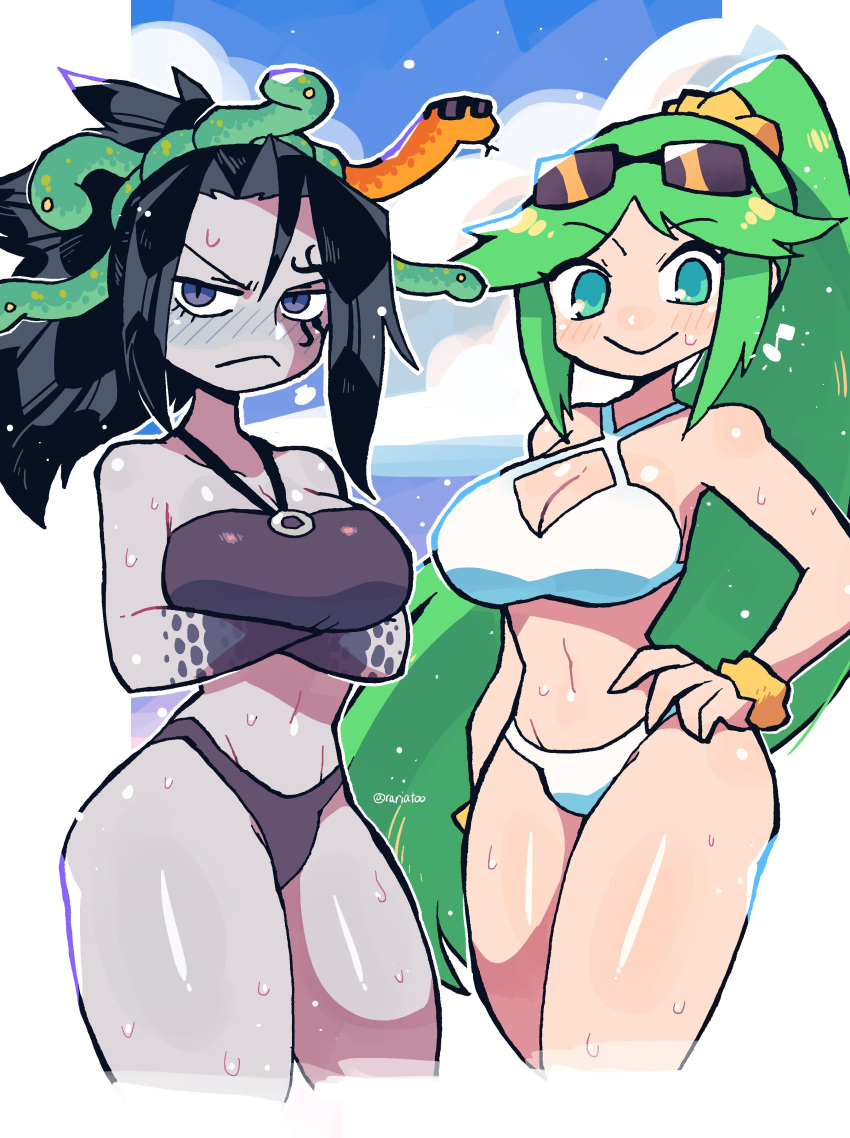 2girls absurdres arms_under_breasts beach bikini black_hair blue_sky colored_skin crossed_arms green_hair grey_skin highres kid_icarus kid_icarus_uprising looking_at_viewer medusa_(kid_icarus) multiple_girls ocean outside_border palutena ponytail rariatto_(ganguri) sky smile snake_hair sunglasses swimsuit umbrella wings