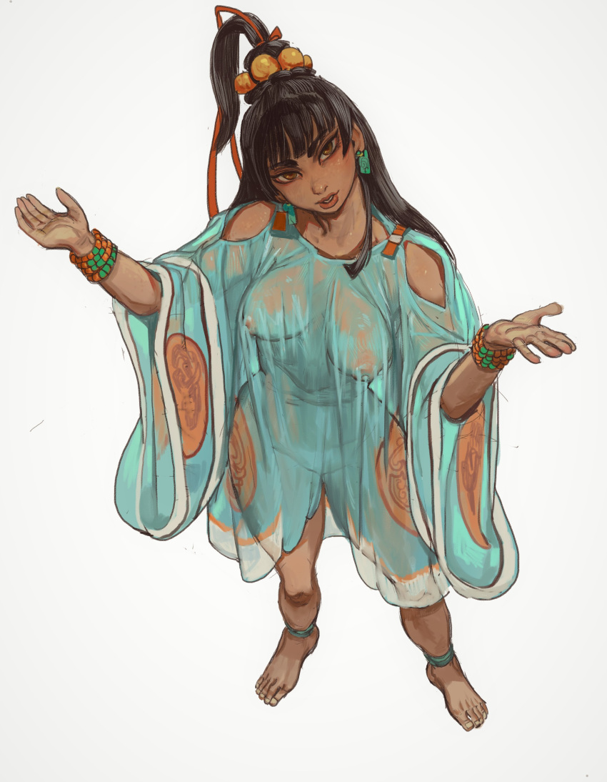 1girl absurdres ankleband barefoot black_hair blue_dress bracelet breasts brown_eyes chel_(the_road_to_el_dorado) clothing_cutout dark-skinned_female dark_skin dress earrings full_body hands_up head_tilt high_ponytail highres jewelry large_breasts long_hair looking_at_viewer maya_(culture) mayan_clothes mossacannibalis nipples real_life see-through see-through_dress shoulder_cutout simple_background smile solo the_road_to_el_dorado white_background