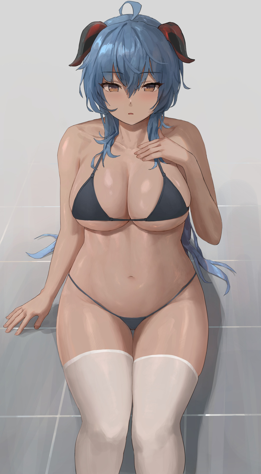 1girl absurdres ahoge alternate_costume bangs bare_arms bare_shoulders bikini black_bikini blue_hair breast_suppress breasts cleavage expressionless feet_out_of_frame ganyu_(genshin_impact) genshin_impact goat_horns gradient gradient_background halterneck hand_on_own_chest hand_up highres horns large_breasts long_hair looking_at_viewer navel nene_(umrhaishixiaomai) parted_lips sidelocks sitting solo stomach string_bikini swimsuit thighhighs tile_floor tiles white_thighhighs