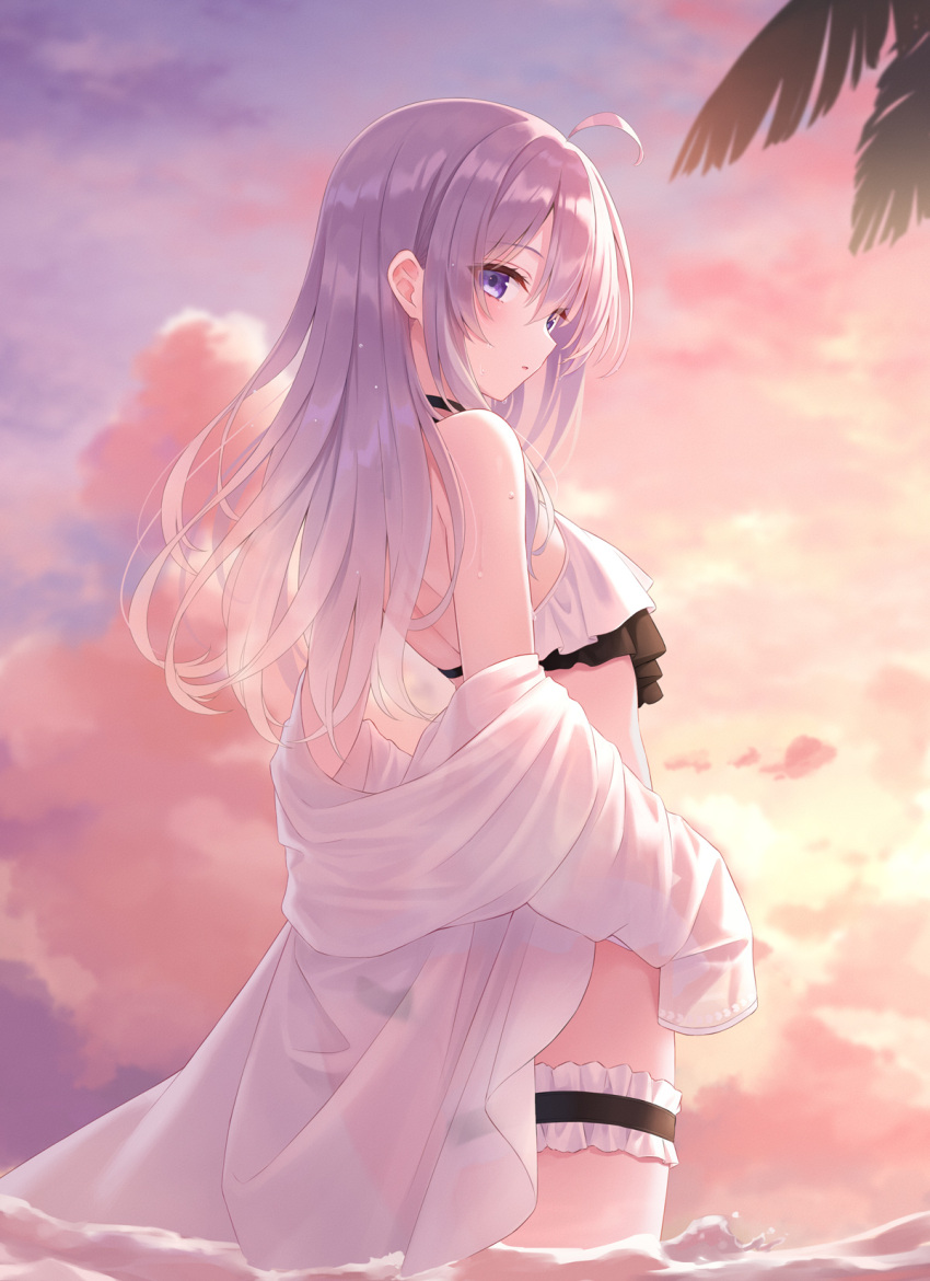 ahoge azuuru beach blue_eyes elaina_(majo_no_tabitabi) grey_hair highres long_hair looking_at_viewer majo_no_tabitabi outdoors sunset swimsuit witch