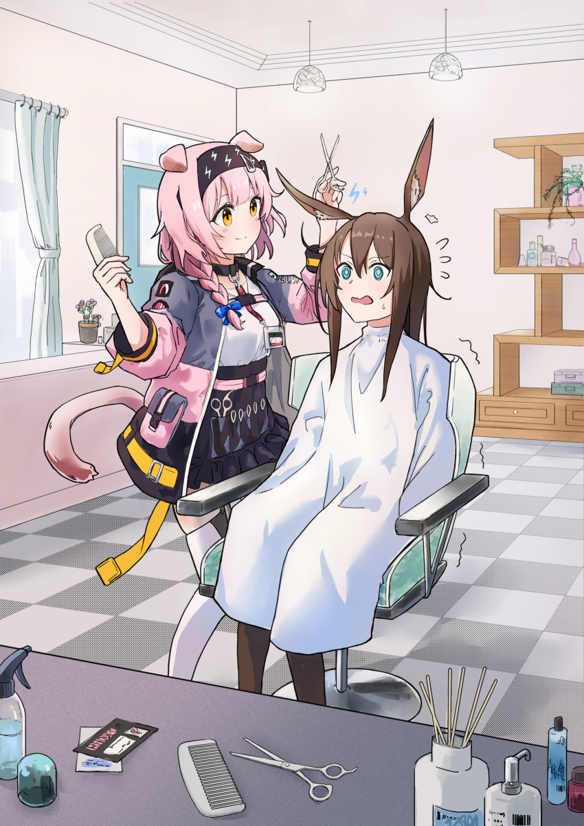 2girls @_@ absurdres amiya_(arknights) animal_ear_fluff animal_ears arknights bangs barber barber_chair black_headband black_jacket black_skirt blanket blue_bow blue_eyes bottle bow braid brown_hair brown_pantyhose cat_ears cat_girl cat_tail ceiling_light checkered_floor closed_mouth comb commentary_request curtains floppy_ears goldenglow_(arknights) grey_jacket hair_bow headband high-waist_skirt highres holding holding_comb holding_scissors id_card indoors jacket lightning_bolt_print lightning_bolt_symbol long_hair looking_at_another messy_hair multicolored_clothes multicolored_jacket multiple_girls nyanko960121 open_clothes open_jacket open_mouth pantyhose pink_hair pink_jacket plant potted_plant print_hairband pulverizer rabbit_ears rabbit_girl scared scissors shelf shirt side_braid single_braid skirt sleeves_past_elbows smile split_mouth sweatdrop tail thighhighs trembling wavy_mouth white_shirt white_thighhighs window yellow_eyes