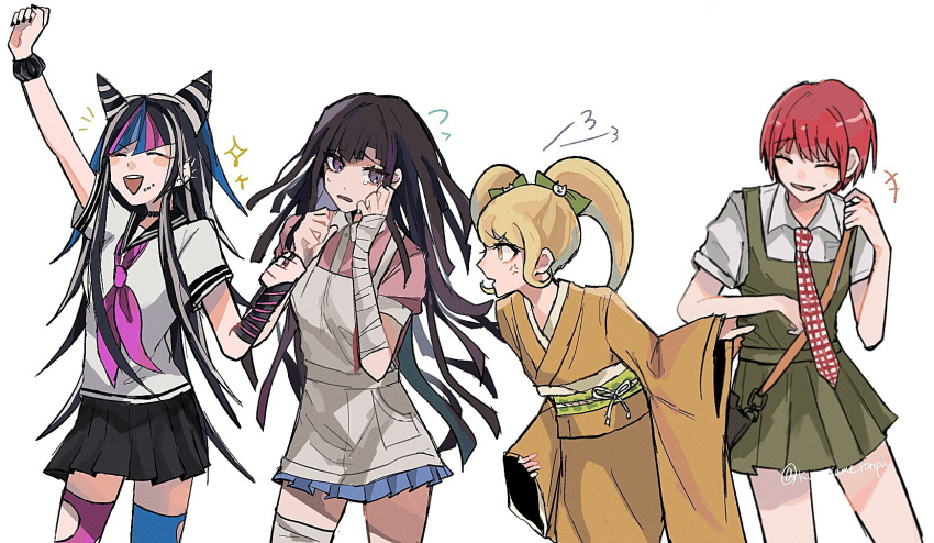 4girls :d anger_vein apron arm_up bandaged_arm bandages bangs black_scrunchie black_skirt blonde_hair blue_thighhighs bow cat_hair_ornament closed_eyes collared_shirt cowboy_shot danganronpa_(series) danganronpa_2:_goodbye_despair dress green_bow green_dress grey_shirt hair_bow hair_ornament hands_up highres japanese_clothes kimono koizumi_mahiru komahi_suki long_hair looking_at_another looking_to_the_side miniskirt mioda_ibuki multiple_girls neckerchief necktie obi orange_kimono pink_neckerchief pink_shirt pink_thighhighs plaid_necktie red_hair saionji_hiyoko sash scrunchie shiny shiny_hair shirt short_hair short_sleeves simple_background skirt smile teeth thighhighs torn_clothes torn_legwear tsumiki_mikan twintails upper_teeth wide_sleeves wrist_scrunchie