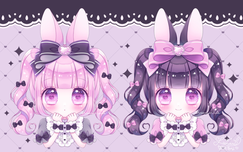 2girls :o animal_ears bangs black_bow black_hair blunt_bangs blush bow closed_mouth commentary english_commentary grey_shirt hair_bow heart heart-shaped_pupils heart_background himetsuki_luna looking_at_viewer multiple_girls original parted_lips pink_bow pink_hair pink_shirt puffy_short_sleeves puffy_sleeves purple_eyes rabbit_ears shirt short_sleeves signature smile sparkle symbol-shaped_pupils twintails twitter_username upper_body wrist_cuffs