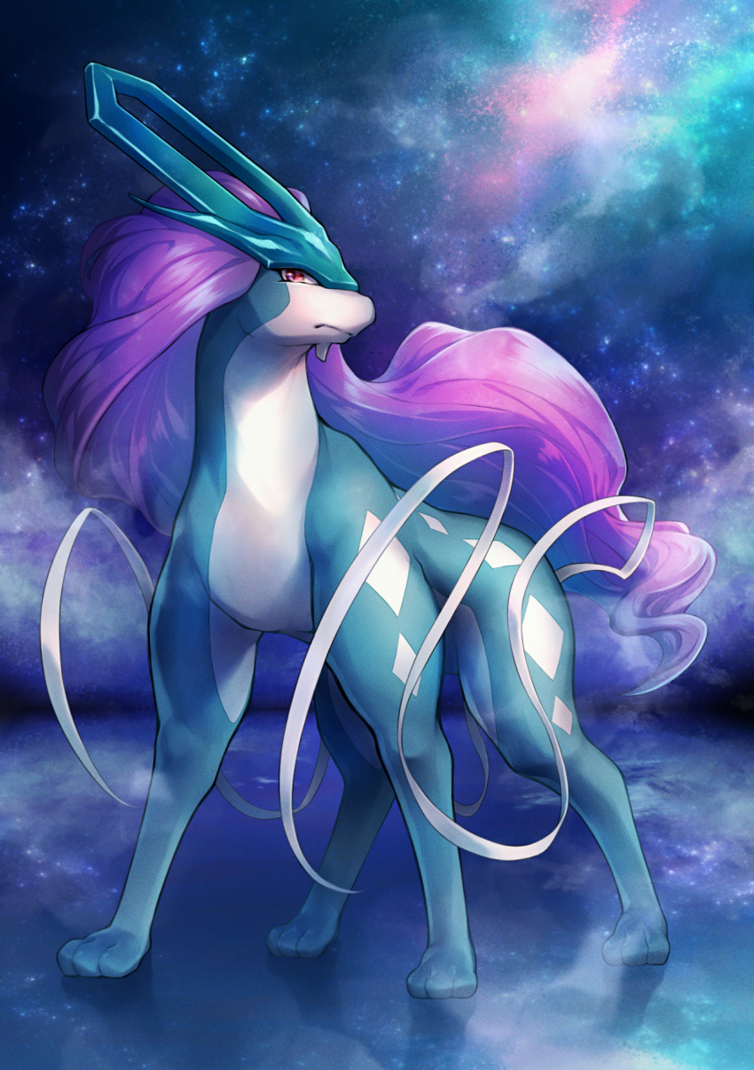 animal_focus blue_background blue_theme closed_mouth commentary fog full_body galaxy highres long_hair looking_at_viewer maki_(letusgomaki) night no_humans outdoors pokemon pokemon_(creature) purple_hair red_eyes ribbon shiny shiny_hair sky solo standing star_(sky) starry_sky suicune very_long_hair white_ribbon