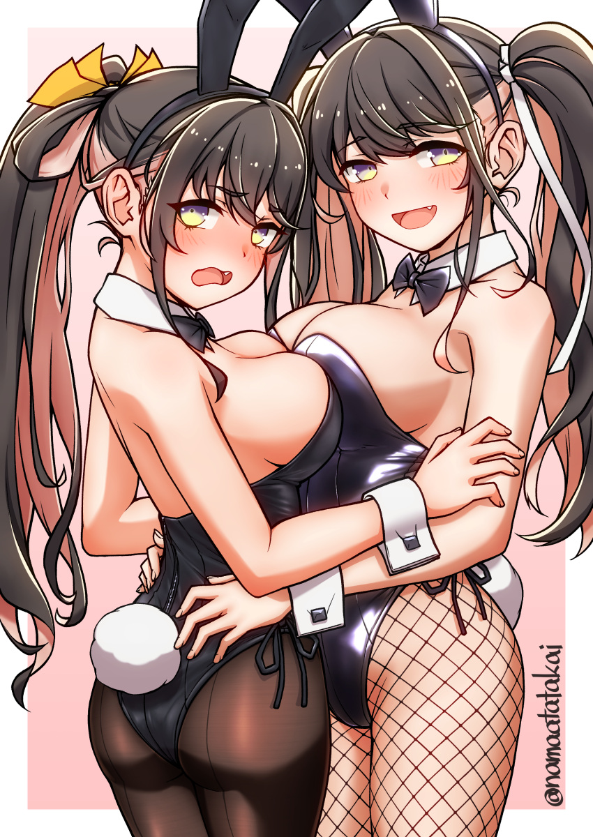 2girls absurdres animal_ears black_hair black_leotard black_pantyhose blush breasts cleavage detached_collar dual_persona fake_animal_ears fake_tail fang fishnet_pantyhose fishnets highres kantai_collection large_breasts leotard long_hair multicolored_hair multiple_girls naganami_(kancolle) naganami_kai_ni_(kancolle) namaata open_mouth pantyhose pink_hair playboy_bunny ponytail rabbit_ears rabbit_tail smile strapless strapless_leotard tail twintails wrist_cuffs yellow_eyes