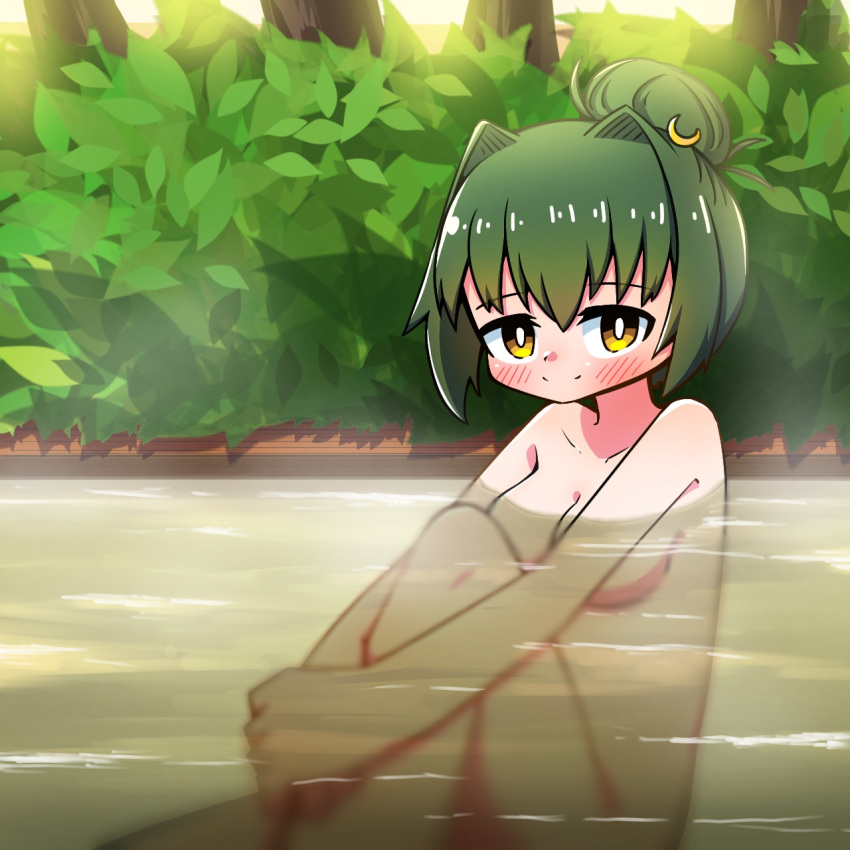 1girl alternate_hairstyle assault_lily bangs bathing blush breasts bright_pupils bush cleavage closed_mouth collarbone completely_nude convenient_arm crescent crescent_hair_ornament evening feet_out_of_frame green_hair hair_between_eyes hair_bun hair_intakes hair_ornament highres hugging_own_legs knee_up looking_at_viewer medium_breasts nude onsen outdoors own_hands_together partially_submerged short_hair single_hair_bun sitting smile solo teisuu tree ushida_watsuki water white_pupils yellow_eyes