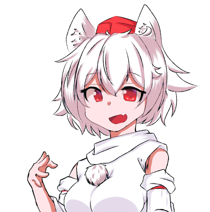 1girl :d animal_ear_fluff animal_ears bangs bare_shoulders detached_sleeves highres inubashiri_momiji looking_at_viewer momiji5959 open_mouth pom_pom_(clothes) red_eyes shirt short_hair simple_background smile solo touhou upper_body white_hair white_shirt white_sleeves wolf_ears wolf_girl