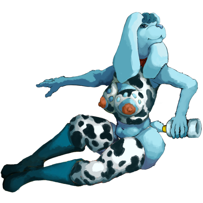 1:1 alpha_channel animal_print anthro blue's_clues blue_(blue's_clues) boots canid cleavage_cutout clothing cow_print female footwear ham_basket mammal nickelodeon nipples solo thong underwear