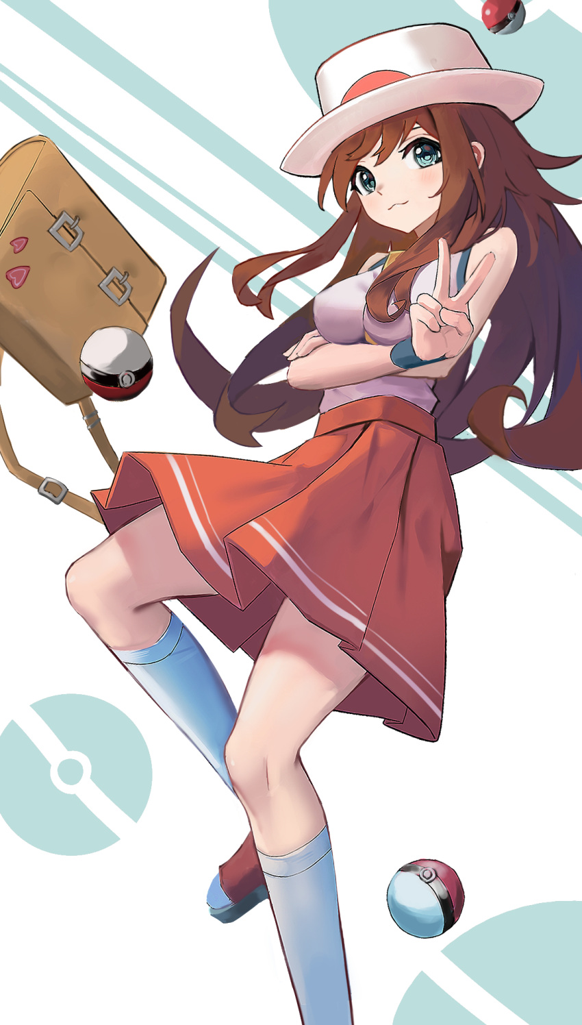 1girl bag bangs blush breasts brown_bag brown_hair closed_mouth commentary_request fantasyismyname green_(pokemon) green_eyes hat highres knees long_hair poke_ball poke_ball_(basic) pokemon pokemon_adventures shirt shoes skirt sleeveless sleeveless_shirt smile socks solo v white_headwear wristband
