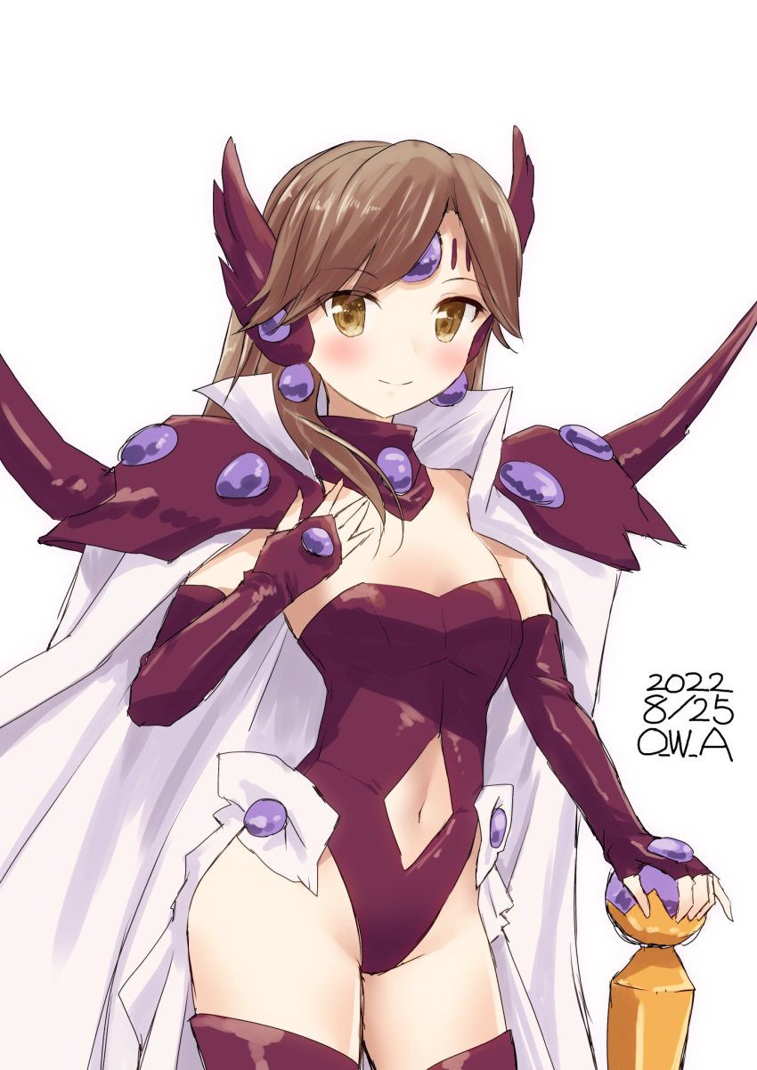 1girl arashio_(kancolle) armor artist_name breasts brown_eyes brown_hair cape circlet clothing_cutout contrapposto cosplay_request cowboy_shot dated elbow_gloves gloves highleg highleg_leotard highres kantai_collection leotard long_hair medium_breasts navel_cutout one-hour_drawing_challenge owa_(ishtail) pauldrons purple_gloves purple_leotard purple_thighhighs shoulder_armor simple_background smile solo strapless strapless_leotard thighhighs white_background white_cape