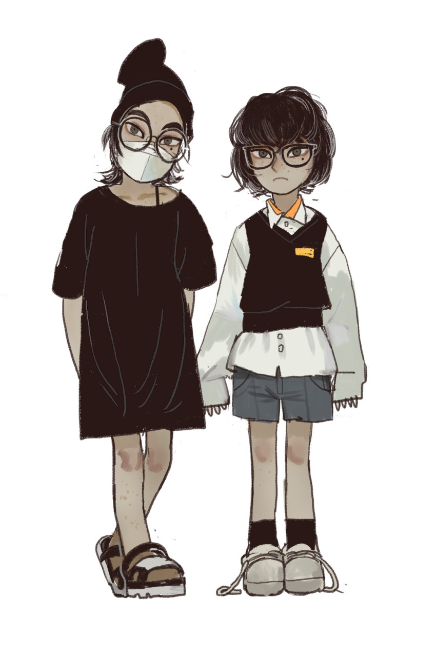 2girls artist_self-insert black-framed_eyewear black_eyes black_hair black_shirt black_vest child closed_mouth freckles genderswap genderswap_(mtf) glasses grey_footwear grey_shorts highres long_sleeves looking_at_viewer mole mole_under_eye mossacannibalis multiple_girls original oversized_clothes oversized_shirt round_eyewear sandals shirt shoes short_hair short_shorts shorts simple_background sleeves_past_wrists vest white_background