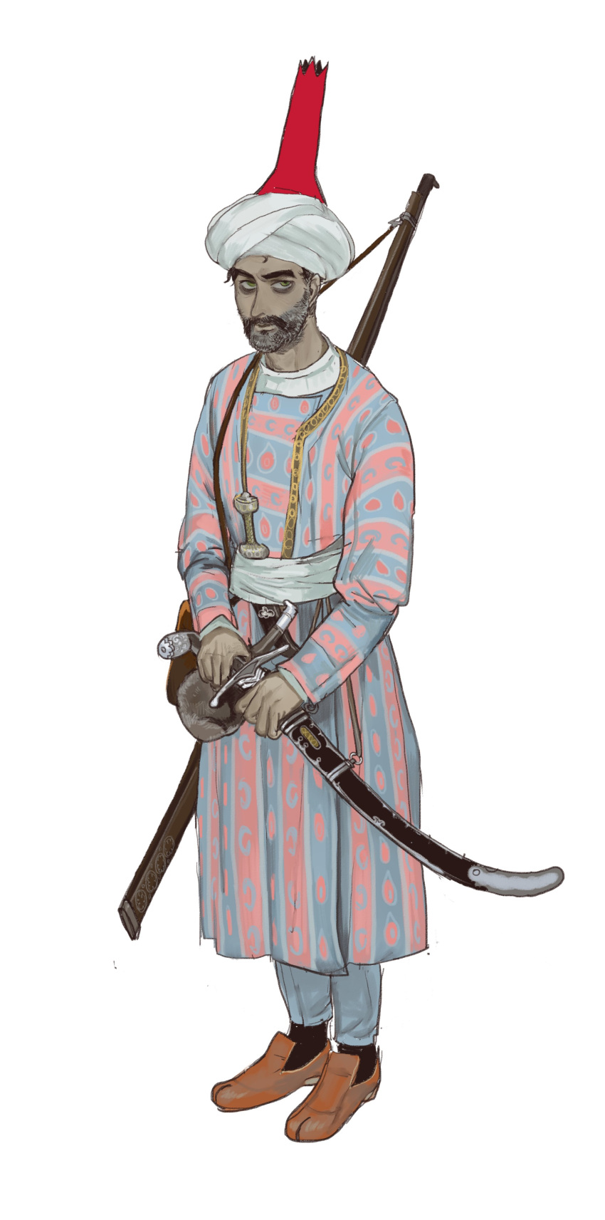 1boy absurdres beard bow_(weapon) brown_footwear closed_mouth dagger facial_hair full_body highres knife long_sleeves looking_at_viewer male_focus mossacannibalis mustache original pants robe scabbard scimitar sheath shoes simple_background solo sword turban unsheathing weapon white_background