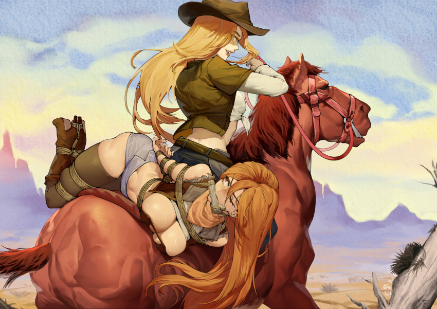 2girls absurdres blonde_hair blue_shorts boots bound bound_arms bound_legs breasts brown_eyes brown_footwear chen_zi cowboy cowboy_boots cowboy_hat cowboy_western day desert gagged green_eyes green_thighhighs hat highres holding holding_reins horse horseback_riding large_breasts long_hair long_sleeves multiple_girls one_eye_closed original outdoors reins restrained riding rope saddle shirt short_shorts shorts thighhighs tied_shirt white_shirt
