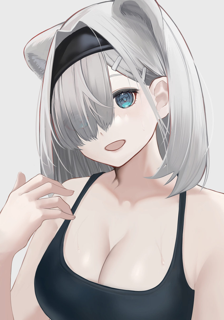 1girl absurdres animal_ears arknights aurora_(arknights) bare_shoulders bear_ears bear_girl black_hairband black_tank_top blue_eyes breasts cleavage extra_ears grey_background grey_hair hair_over_one_eye hairband hand_up highres large_breasts looking_at_viewer one_eye_covered open_mouth samidareame simple_background solo tank_top