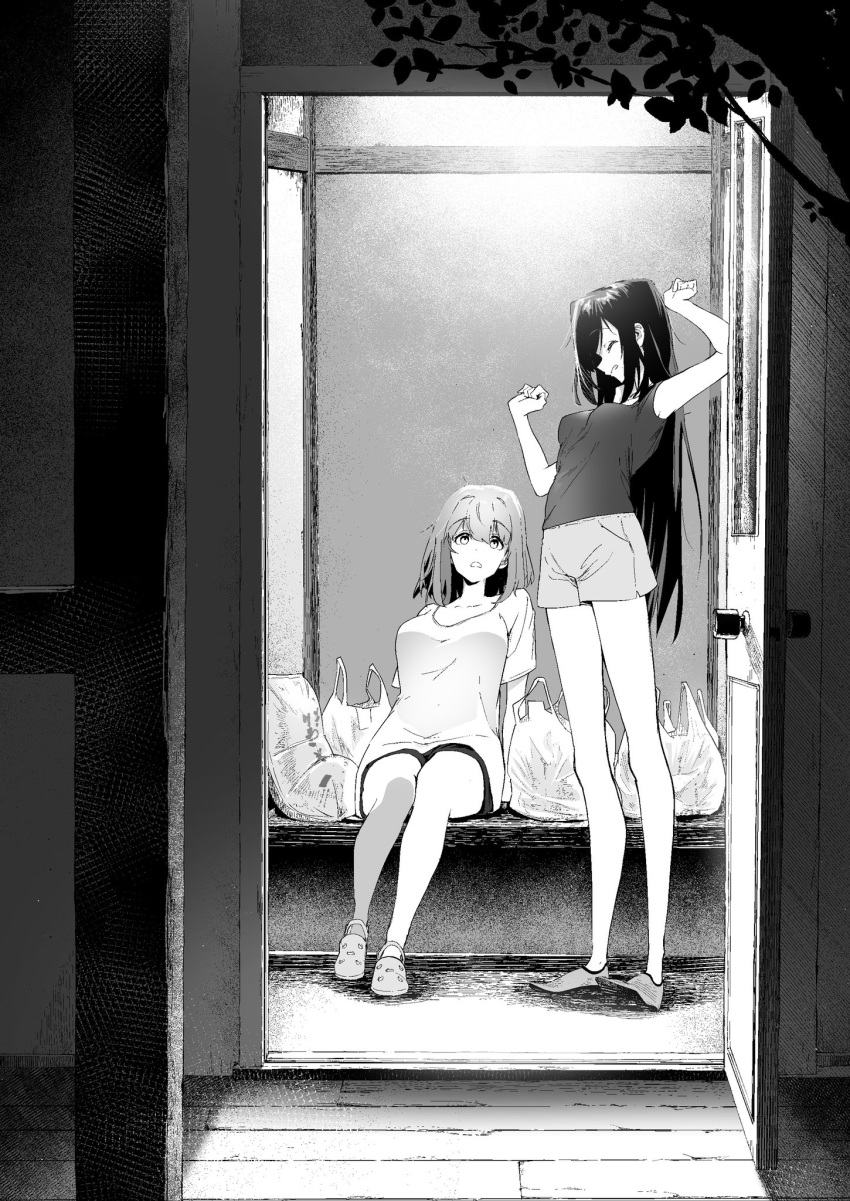 2girls bag crocs door greyscale highres keyyan kimi_to_shiranai_natsu_ni_naru light long_hair medium_hair megumi_hinoto monochrome multiple_girls nishimiya_haru plastic_bag shadow shirt shorts sitting standing stretching t-shirt tree