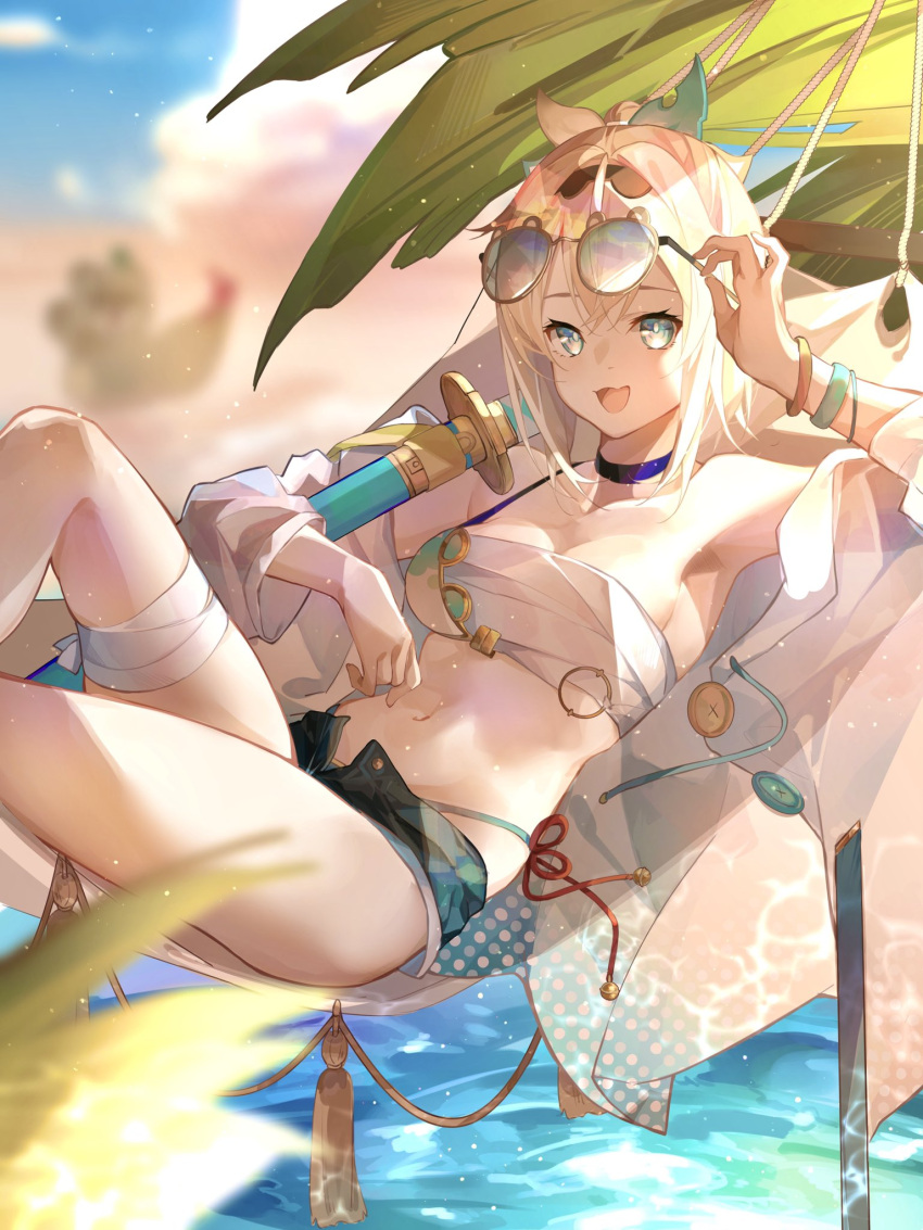 1girl :d aqua_eyes blonde_hair chest_sarashi denim denim_shorts eyewear_on_head hammock highres hololive jacket jacket_partially_removed katana kazama_iroha looking_at_viewer medium_hair navel open_mouth oriori_0201 sarashi scabbard sheath sheathed short_shorts shorts smile solo sunglasses swimsuit sword virtual_youtuber weapon