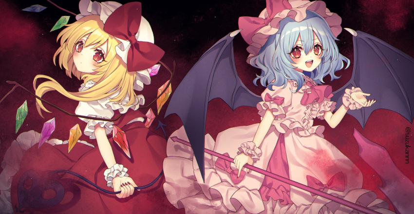 2girls ascot back bangs bat_wings black_background blonde_hair blue_hair blush bow closed_mouth collared_dress collared_shirt commentary_request crystal dress fang fingernails flandre_scarlet frills from_behind gradient gradient_background hair_between_eyes hand_up hat hat_bow highres holding holding_weapon jewelry kyouda_suzuka laevatein_(touhou) long_fingernails looking_at_viewer looking_back mob_cap multicolored_wings multiple_girls nail_polish open_mouth pink_ascot pink_bow pink_dress pink_headwear polearm puffy_short_sleeves puffy_sleeves red_background red_bow red_eyes red_nails red_skirt red_vest remilia_scarlet shirt short_sleeves siblings sisters skirt smile spear spear_the_gungnir standing teeth tongue touhou vest weapon white_headwear white_shirt wings wrist_cuffs