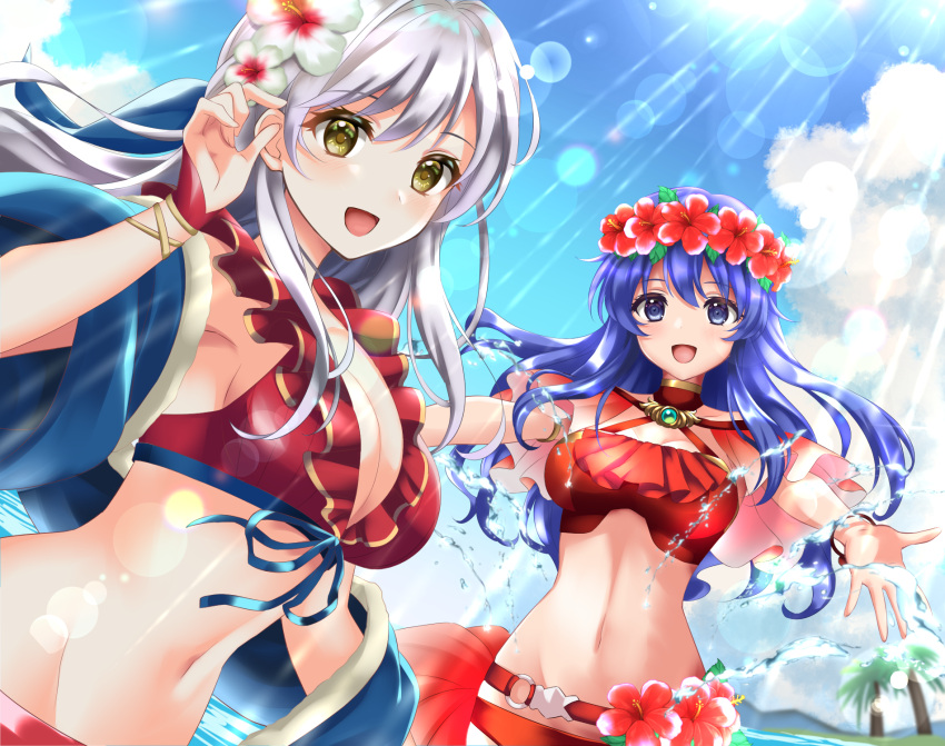 :d bangs beach belt bikini blue_eyes blue_hair blue_scarf breasts fire_emblem fire_emblem:_radiant_dawn fire_emblem:_the_binding_blade fire_emblem_heroes flower front-tie_top gloves grey_hair groin hair_flower hair_ornament hair_ribbon half_updo head_wreath highres kakiko210 light_rays lilina_(fire_emblem) long_hair looking_at_viewer medium_breasts micaiah_(fire_emblem) navel open_mouth outdoors outstretched_arms red_bikini red_gloves red_swimsuit ribbon scarf sideboob smile spread_arms sunlight swimsuit upper_body yellow_eyes