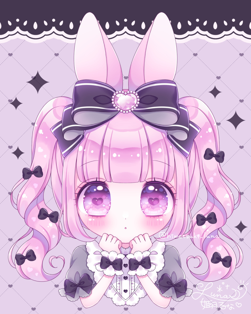 1girl :o animal_ears bangs black_bow blunt_bangs blush bow grey_shirt hair_bow heart heart-shaped_pupils heart_background highres himetsuki_luna looking_at_viewer original parted_lips pink_hair puffy_short_sleeves puffy_sleeves purple_eyes rabbit_ears shirt short_sleeves signature solo sparkle symbol-shaped_pupils twintails twitter_username upper_body wrist_cuffs