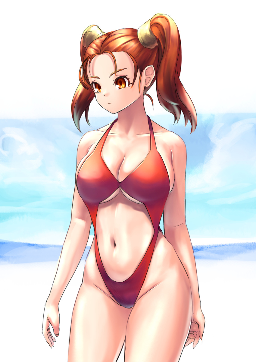 1girl beach blue_sky breasts brown_eyes brown_hair cleavage clothing_cutout cloud commentary_request day dragon_quest dragon_quest_viii highleg highleg_swimsuit highres jessica_albert large_breasts long_hair navel_cutout outdoors red_swimsuit revealing_swimsuit_(dq) sky solo standing swimsuit twintails v2