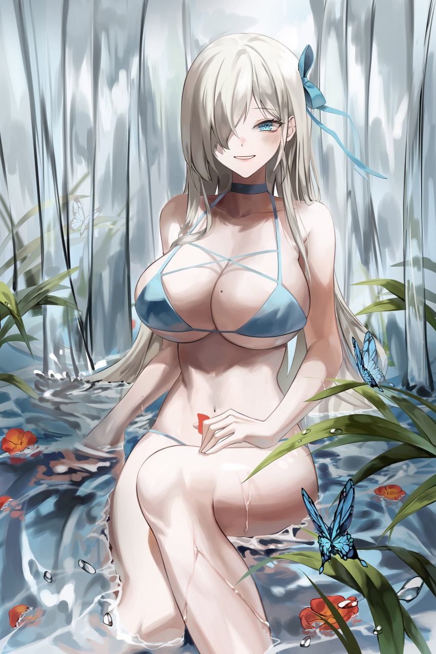 1girl absurdres asuna_(blue_archive) bare_arms bare_legs bare_shoulders bikini blue_archive blue_bikini blue_butterfly blue_choker blue_eyes blue_ribbon blush breasts bug butterfly choker cross-laced_clothes feet_out_of_frame flower grin hair_over_one_eye hair_ribbon halterneck highres holding holding_petal large_breasts leaf light_brown_hair long_hair looking_at_viewer man_do mole mole_on_breast one_eye_covered outdoors parted_lips petals plant ribbon shallow_water sitting sitting_on_water smile solo string_bikini swimsuit thighs very_long_hair wading water water_drop waterfall wet