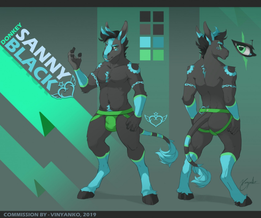 abstract_background anthro arm_markings asinus black_hair black_hooves blue_body blue_ears blue_eyebrows blue_fur blue_hair blue_tail blue_tail_tuft bulge butt chest_tuft clothing color_swatch digitigrade donkey elbow_tuft equid equine eyebrows front_view fur glistening glistening_eyes green_body green_clothing green_eyes green_fur green_jockstrap green_tail green_underwear grey_body grey_ears grey_fur grey_inner_ear grey_tail hair hooves jockstrap letterbox male mammal markings model_sheet multicolored_hair rear_view sannyblack short_hair shoulder_markings shoulder_tuft solo tail_tuft tuft two_tone_hair underwear vinyanko