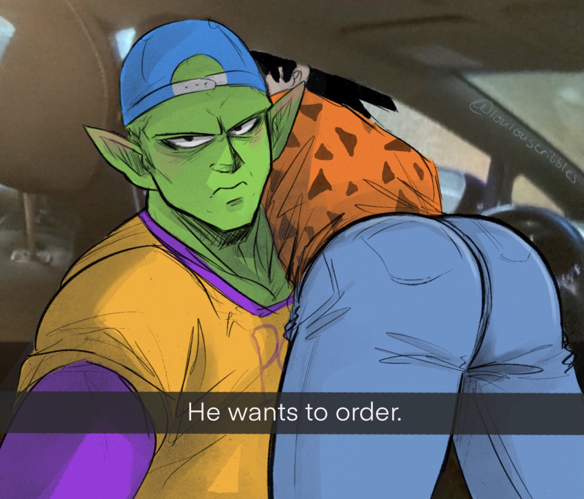 2boys ass backwards_hat baseball_cap black_hair blue_pants car_interior closed_mouth colored_skin dragon_ball dragon_ball_z drive-thru english_text expressionless green_skin hat he_wants_to_order_(meme) highres looking_at_viewer loulouscribbles lying_on_person male_focus meme multiple_boys namekian orange_shirt pants piccolo pointy_ears selfie shirt short_hair son_goku