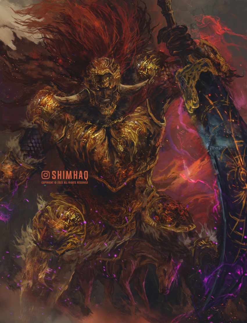 1boy armor breastplate clenched_teeth dark-skinned_male dark_skin elden_ring fake_horns gold_armor helmet highres holding holding_sword holding_weapon horned_helmet horns horse long_hair looking_at_viewer male_focus red_hair shimhaq solo starscourge_radahn sword teeth weapon yellow_eyes
