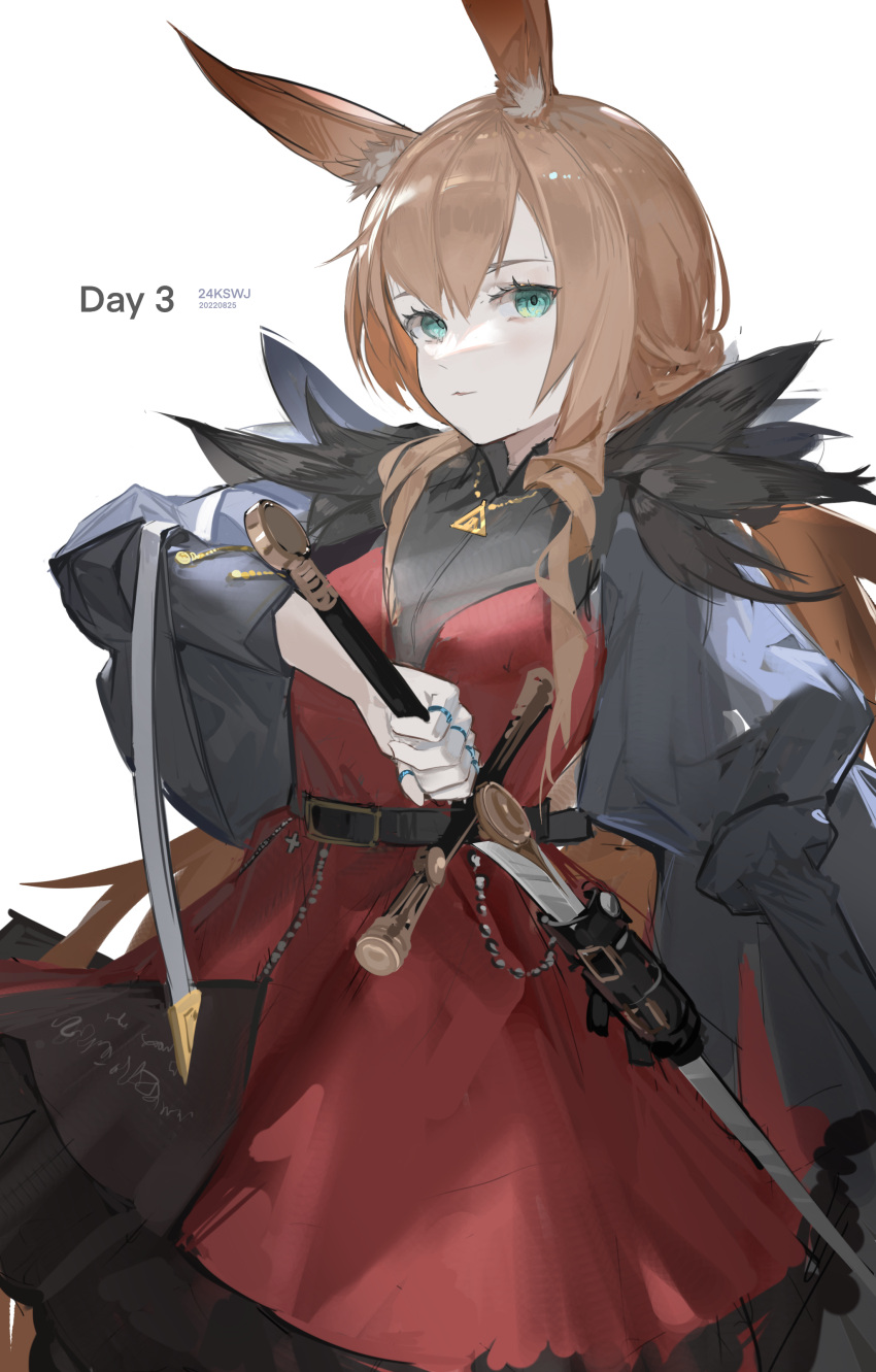 1girl 24kswj-shouwangjun absurdres alternate_costume amiya_(arknights) animal_ear_fluff animal_ears arknights artist_name belt belt_buckle black_coat brown_hair buckle closed_mouth coat coat_on_shoulders cowboy_shot dress green_eyes highres holding holding_sword holding_weapon jewelry long_hair long_sleeves looking_at_viewer necklace open_clothes open_coat rabbit_ears red_dress sheath sheathed sidelocks simple_background solo sword weapon white_background