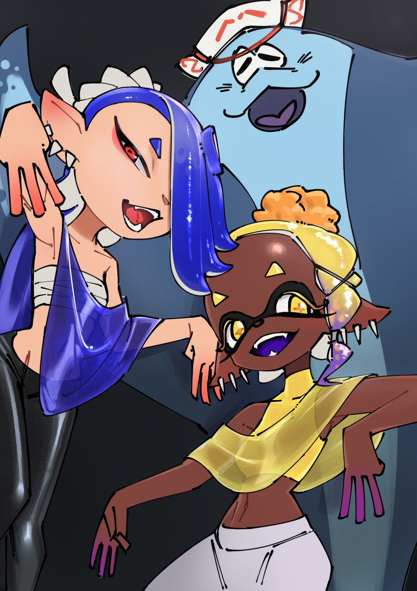 +_+ 2girls :3 absurdres arm_up armpits asymmetrical_bangs asymmetrical_hair azuuart bangs bare_shoulders big_man_(splatoon) black_background black_leggings blonde_hair blue_hair blue_shawl blush breasts closed_eyes collarbone commentary crop_top dark-skinned_female dark_skin earrings english_commentary eyeliner fangs forehead frye_(splatoon) gradient_hair hachimaki hair_over_one_eye hair_tie half-closed_eyes hand_up happy hat headband highres jewelry leggings light_blush looking_at_another looking_at_viewer makeup manta_ray midriff multicolored_hair multiple_earrings multiple_girls navel nejiri_hachimaki object_on_head one_eye_covered open_mouth outstretched_arm pants pointy_ears purple_hair red_eyeliner red_eyes sarashi see-through shawl shiny shiny_clothes shiny_hair shirt shiver_(splatoon) short_hair simple_background sketch sleeveless sleeveless_shirt small_breasts smile splatoon_(series) splatoon_3 stomach teeth tentacle_hair tentacles two-tone_hair white_headwear white_pants yellow_eyes yellow_shawl yellow_shirt