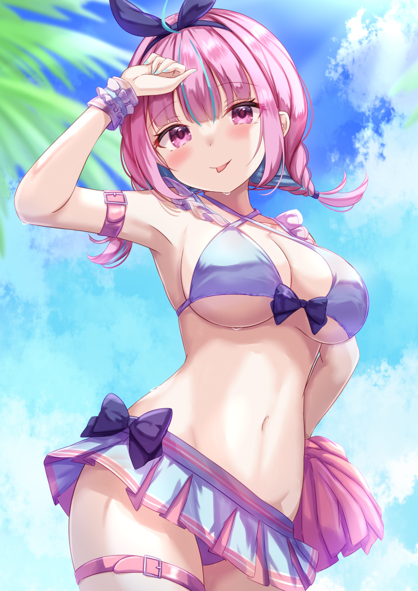 1girl :p ahoge arm_strap arm_up armpits bangs bikini bikini_skirt blue_hair blue_nails blush bow bow_hairband braid breasts cleavage commentary cowboy_shot criss-cross_halter hairband halterneck highres holding holding_pom_poms hololive large_breasts long_hair looking_at_viewer low_twin_braids minato_aqua multicolored_hair nail_polish navel palm_leaf pink_eyes pink_hair pom_pom_(cheerleading) purple_bikini purple_bow solo standing stomach swimsuit thigh_strap tongue tongue_out twin_braids two-tone_hair underboob virtual_youtuber wrist_cuffs yuano