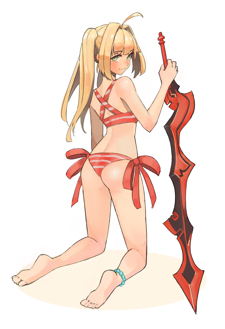 1girl absurdres aestus_estus ahoge anklet ass barefoot bead_bracelet beads bikini blonde_hair blue_eyes blush bracelet breasts criss-cross_halter fate/grand_order fate_(series) green_eyes hair_intakes halterneck highres jewelry kiritzugu long_hair nero_claudius_(fate) nero_claudius_(fate/extra) nero_claudius_(swimsuit_caster)_(fate) red_bikini side-tie_bikini soles striped striped_bikini swimsuit toes twintails