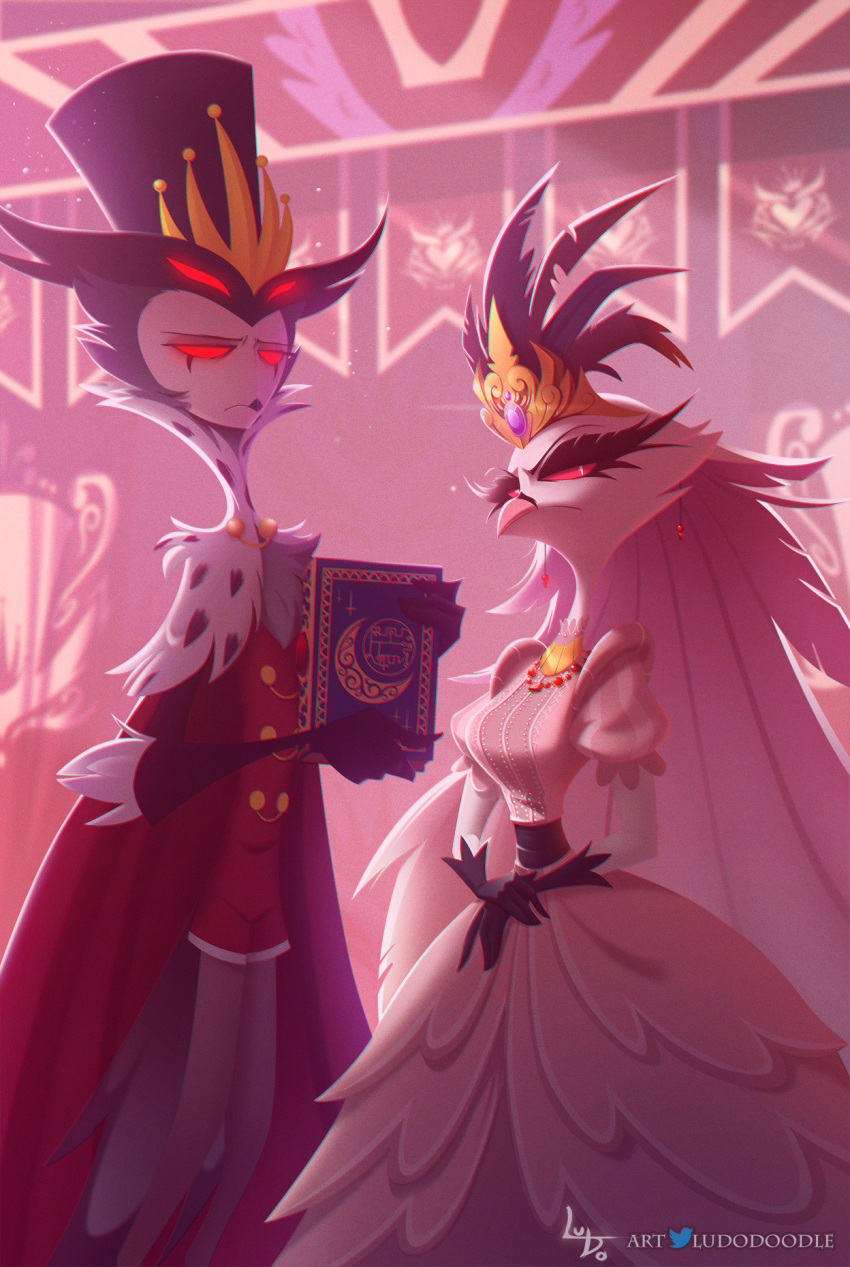 4_eyes anthro avian beak book clothed clothing crown dress duo female gloves grimoire handwear helluva_boss hi_res holding_book holding_object husband_and_wife jewelry looking_at_viewer ludo_(artist) male married_couple multi_eye necklace owl_demon stella_(helluva_boss) stolas_(helluva_boss) white_face