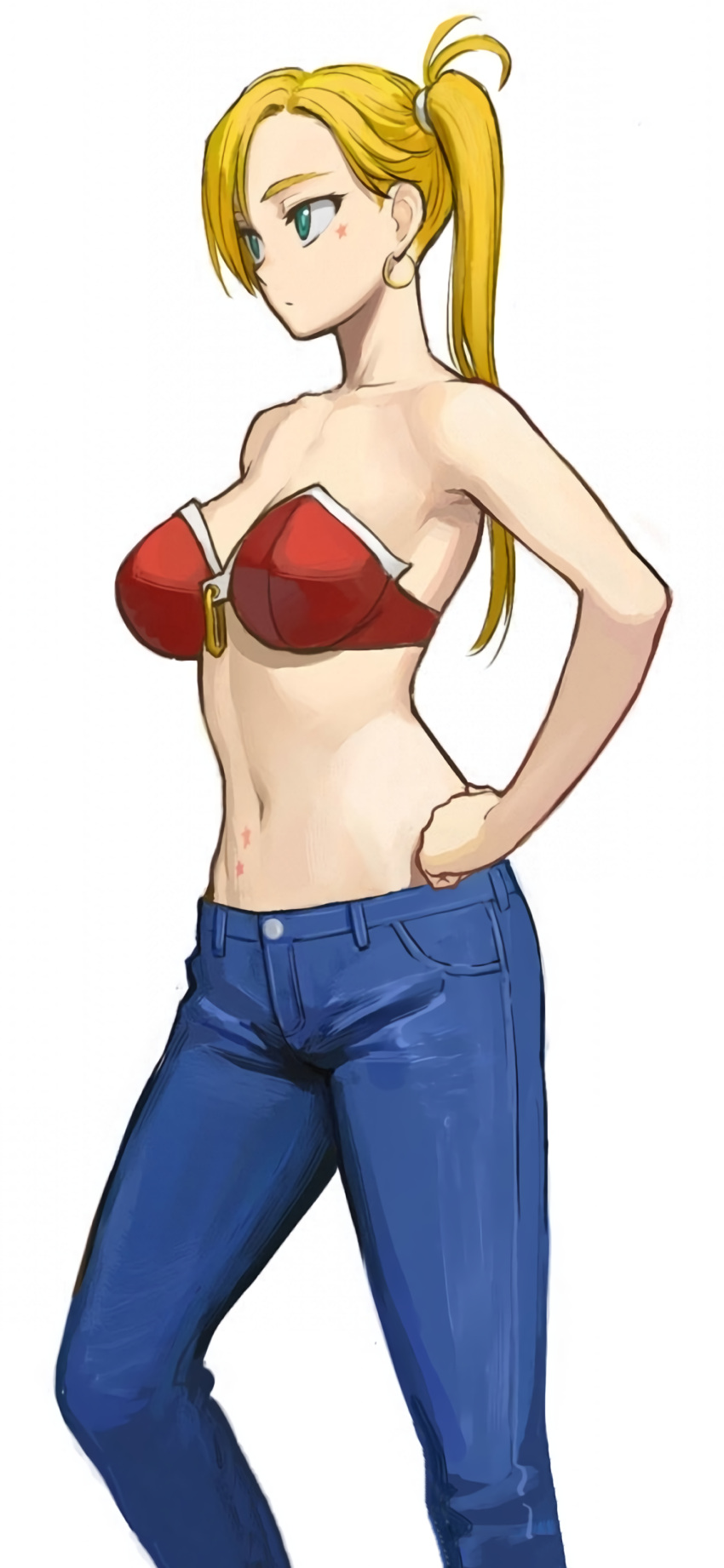 absurdres b_suke blonde_hair breasts denim earrings fate/grand_order fate_(series) green_eyes highres jeans jewelry large_breasts looking_to_the_side navel non-web_source pants star_(symbol) swimsuit white_background