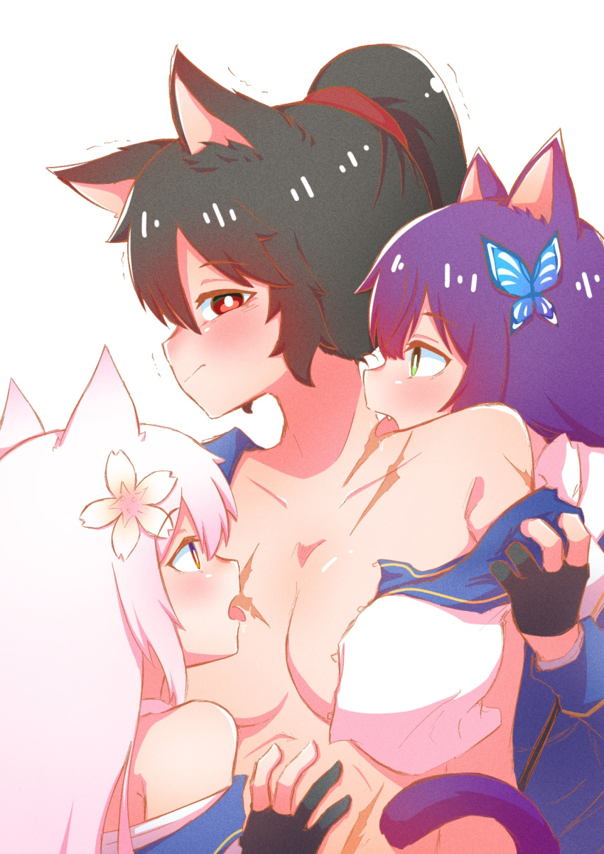 3girls animal_ear_fluff animal_ears arm_at_side assault_lily bangs behind_another black_gloves black_hair blue_jacket blue_sailor_collar blush breasts bright_pupils cat_ears cat_girl cleavage closed_mouth collarbone crop_top fang fff_threesome funada_kiito funada_ui gloves green_eyes group_sex hair_between_eyes half-closed_eyes hand_on_another's_stomach hand_up high_ponytail highres jacket kemonomimi_mode large_breasts licking licking_breast licking_neck long_hair long_sleeves looking_at_another looking_to_the_side multiple_girls nagasawa_yuki_(assault_lily) no_bra off_shoulder open_clothes open_mouth open_shirt partially_fingerless_gloves ponytail profile purple_hair red_eyes sailor_collar saliva scar scar_on_arm scar_on_breasts scar_on_chest scar_on_stomach school_uniform serafuku shimaidon_(sex) shirt siblings sideways_glance single_bare_shoulder sisters sleeveless sleeveless_shirt teisuu threesome tongue tongue_out trembling undressing_another upper_body white_background white_hair white_pupils white_shirt yellow_eyes yuri
