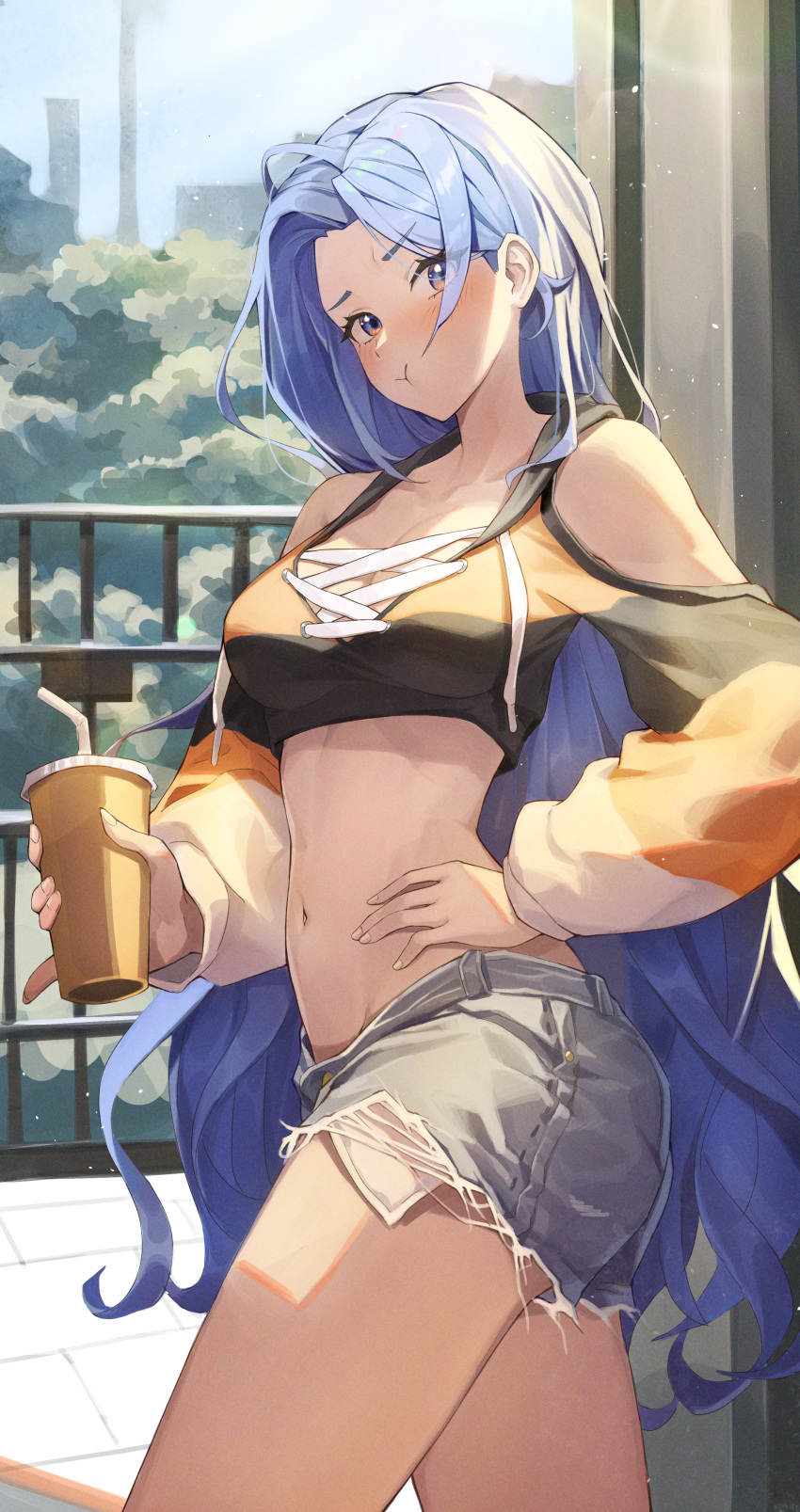 1girl :t absurdres balcony bangs bare_shoulders blue_eyes blue_hair blush borrowed_character breasts cleavage clothing_cutout crop_top cross-laced_clothes cup cutoffs day denim denim_shorts disposable_cup drawstring drink drinking_straw eyes_visible_through_hair gradient_eyes grey_shorts hair_behind_ear hand_on_hip highres holding holding_drink long_hair long_sleeves looking_at_viewer medium_breasts minah_(chaesu) multicolored_eyes multicolored_shirt navel netural original parted_bangs pout short_sleeves shorts shoulder_cutout sidelocks standing stomach thighs tile_floor tiles torn_clothes torn_shorts very_long_hair wavy_hair