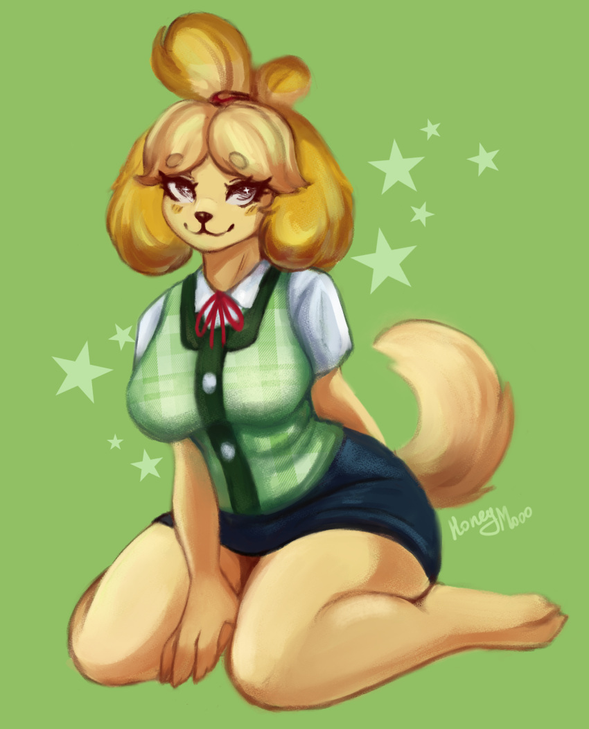 accessory animal_crossing anthro barefoot blonde_hair bottomwear breasts brown_eyes canid canine canis clothing domestic_dog feet female fur hair hair_accessory hairband hi_res honeymooo isabelle_(animal_crossing) kneeling looking_at_viewer mammal miniskirt nintendo shirt simple_background skirt smile solo sparkling_eyes topwear video_games yellow_body yellow_fur