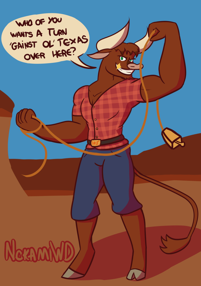 absurd_res anthro bell belt bottomwear bovid bovine cattle clothing denim denim_clothing flannel_shirt hi_res jeans lasso male mammal muscular muscular_anthro muscular_male nokamiwd pants simple_background smile solo standing texas_(tfh) them's_fightin'_herds
