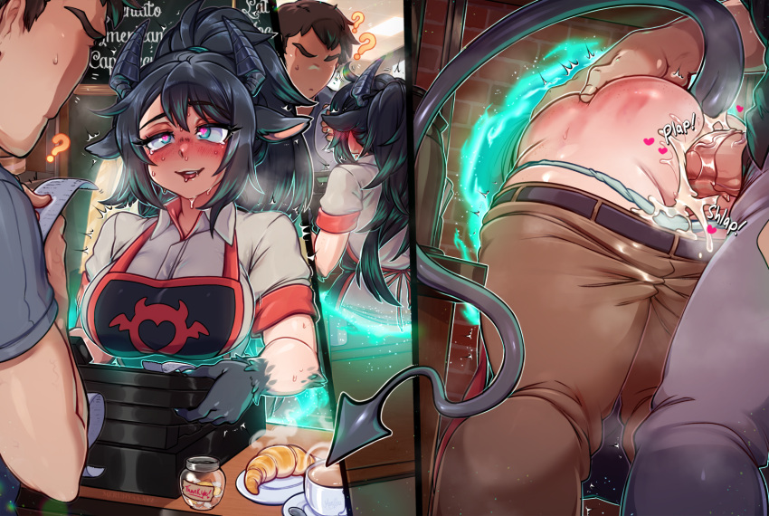 1girl 2boys ? ?? ahegao animal_ears apron aqua_eyes ass_grab barista black_hair black_horns black_skin blush body_fur breasts brown_pants character_request clothed_sex clothes_pull coffee coffee_mug colored_skin croissant cum cum_in_pussy cup dark_penis deep_skin demon_girl demon_tail doggystyle employee_uniform english_commentary faceless faceless_male food full-face_blush glory_wall goat_ears heart heart-shaped_pupils hetero highres horns large_breasts large_penis long_hair merunyaa mug multicolored_skin multiple_boys original overflow panties pants pants_pull panty_pull penis plap ponytail portal_(object) pussy_juice sex slit_pupils solo_focus spanked stealth_sex sweat symbol-shaped_pupils tail through_wall two-tone_skin underwear uniform vaginal veins veiny_penis white_fur white_panties