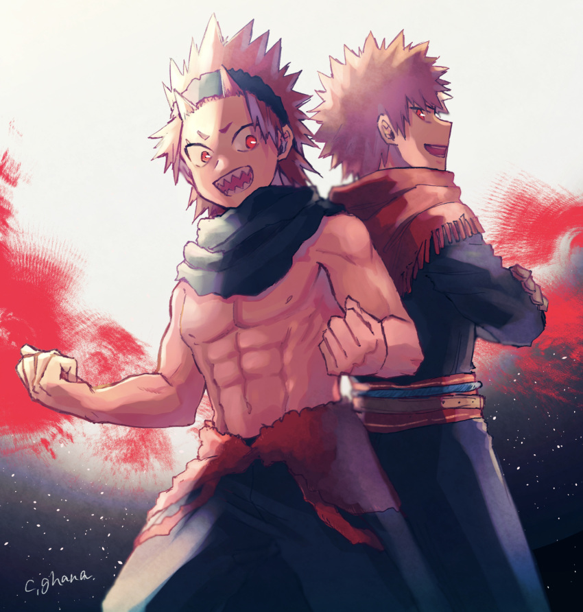 2boys abs adcalcium back-to-back bakugou_katsuki black_coat black_pants black_scarf blonde_hair boku_no_hero_academia clenched_hands coat commentary_request crossed_arms grey_background highres kirishima_eijirou looking_at_another male_focus multiple_boys nipples official_alternate_costume open_mouth pants pectorals red_eyes red_hair red_scarf scarf sharp_teeth short_hair signature simple_background smile spiked_hair standing teeth topless_male