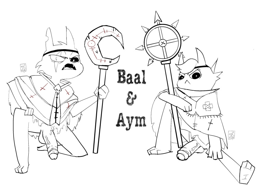 angry anthro aym_(cult_of_the_lamb) baal_(cult_of_the_lamb) balls bottomless clothed clothing cult_of_the_lamb duo eye_scar facial_scar flaccid genitals hi_res line_art male noinipi penis robe scar staff vein veiny_penis