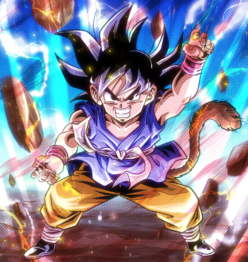 aura black_eyes black_hair clenched_teeth dougi dragon_ball dragon_ball_gt fighting_stance glowing highres incoming_attack karate_gi male_focus martial_arts martial_arts_belt monkey_tail saiyan serious son_goku spiked_hair tail teeth uniform ushi_(akabec0)