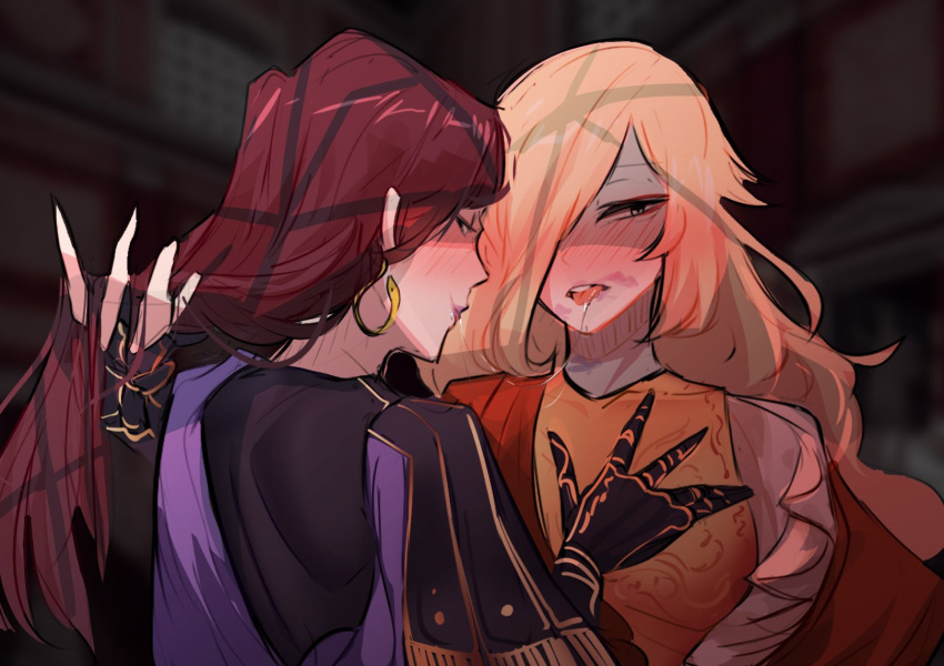 2girls after_kiss armor blonde_hair blurry blurry_background blush breastplate centurii-chan_(artist) closed_mouth commentary earrings english_commentary gauntlets green_eyes hair_over_one_eye hand_in_another's_hair highres jewelry lips lipstick_mark long_hair multiple_girls one_eye_covered open_mouth original praetorian_(centurii-chan) purple_hair purple_robe red_robe robe roman_clothes saliva saliva_trail smile teeth tongue tongue_out yuri